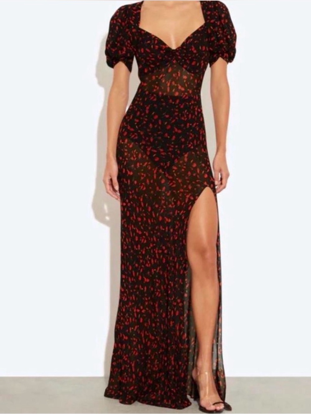 Rat & Boa Black Sheer Maxi Dress with Red Print and High Slit